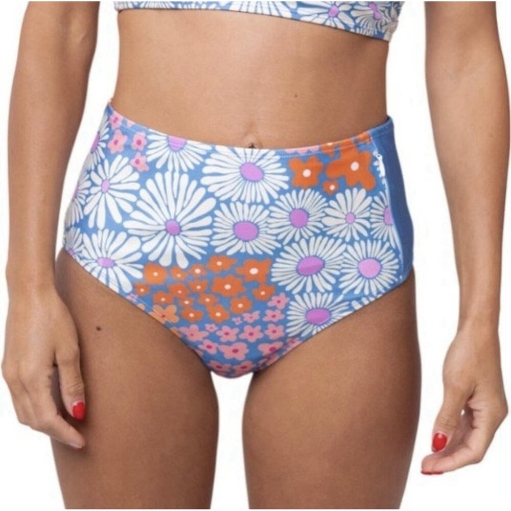 Nani Swimwear High Waist Bikini Bottoms Floral Waves Zip Pocket Size Large